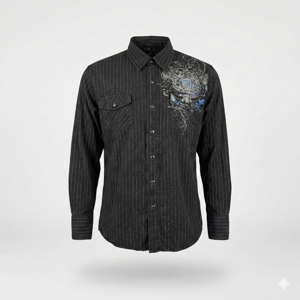 Parts‎ Mens Large Black Pinstripe Graphic Long Sleeve Button Down Shirt RN101199